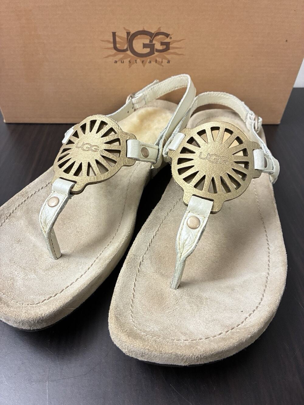 UGG Sandals Women's 1765 T-Strap Halendi Sheepskin Heel Medallion Flip Flops
